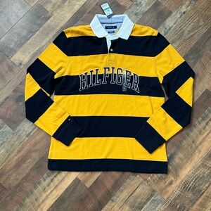 NWT Tommy Hilfiger Rugby Shirt Large Yellow Black Stripe Logo Long Sleeve